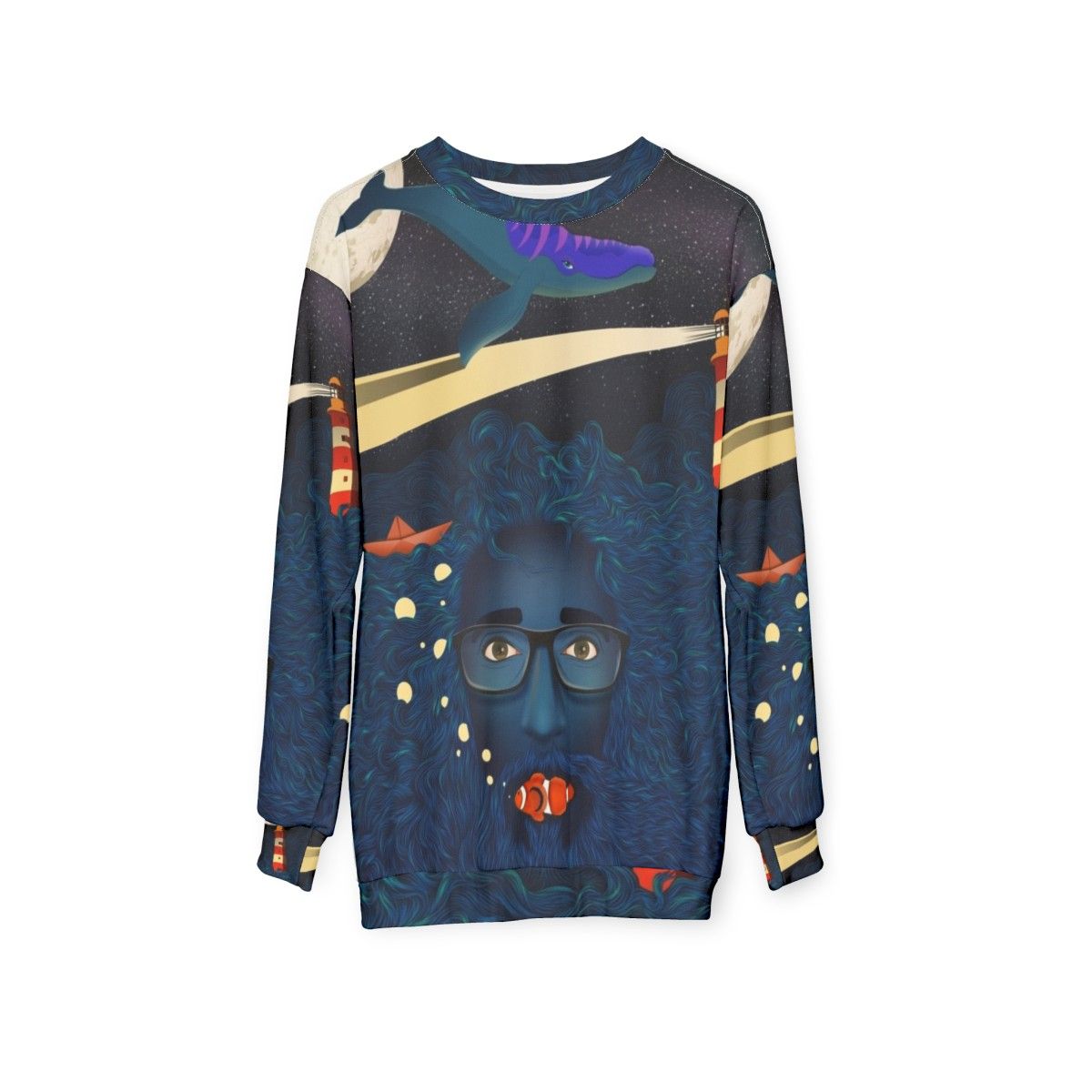 Deep Thoughts Calma-Inspired Sweatshirt featuring a fantasy ocean theme - hanging