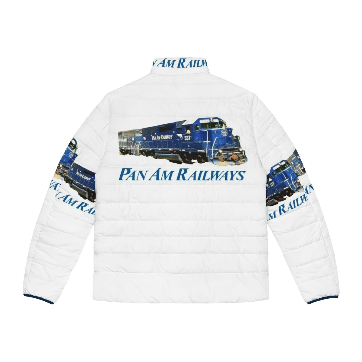 Pan Am Railway Train Driver Puffer Jacket with Pan Am logo and railways imagery - Back