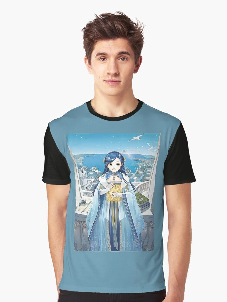 Graphic t-shirt featuring Rozemyne from the anime series Ascendance of a Bookworm, with scenic elements of the Ahrensbach castle and the ocean. - Men