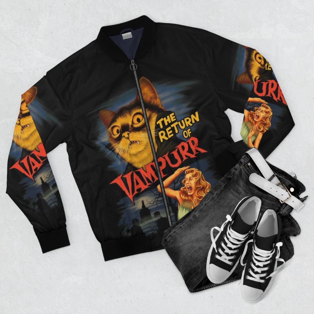 Spooky and cute vampire cat bomber jacket - Flat lay