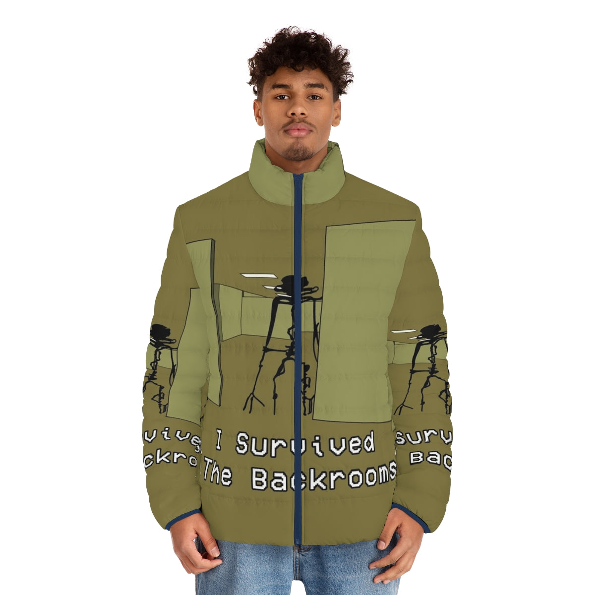 "I Survived the Backrooms" Puffer Jacket with focus keyword "the backrooms" - men front