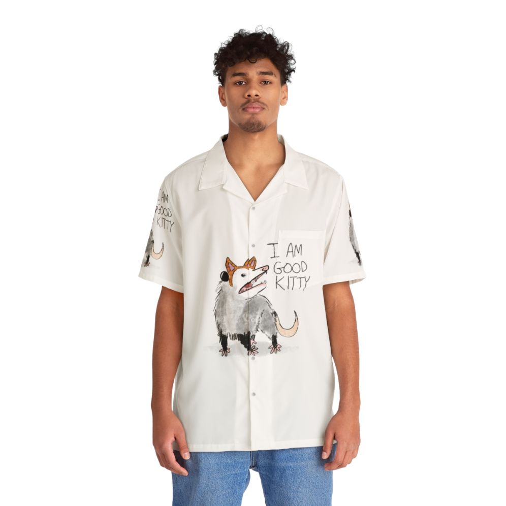 Vibrant Hawaiian shirt with an adorable kitty design - People Front