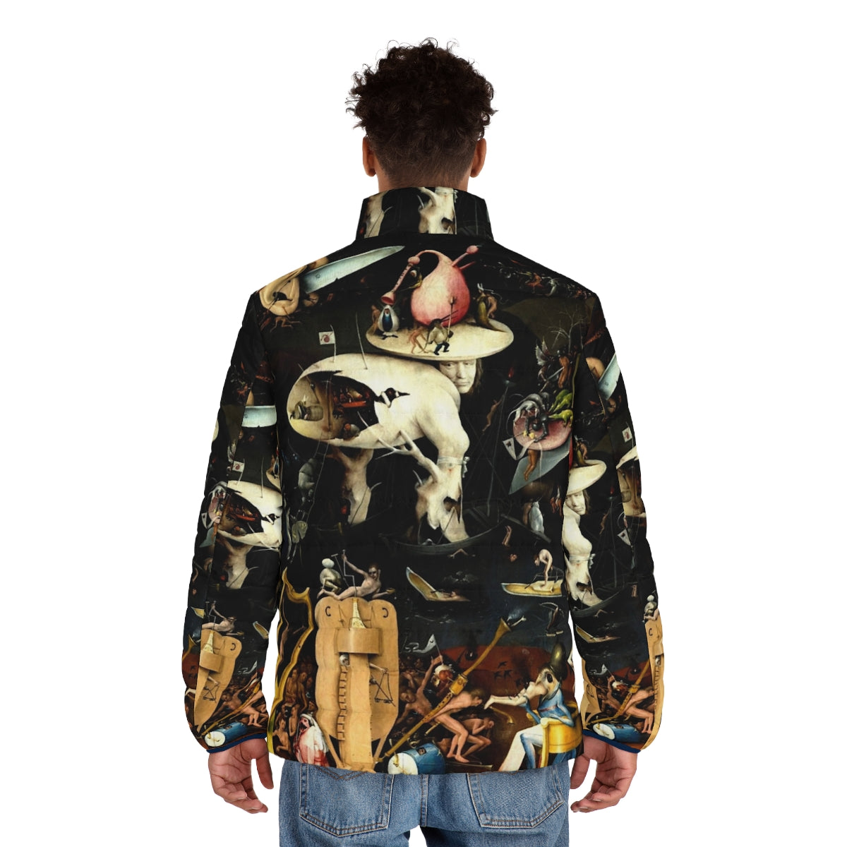 Hieronymus Bosch inspired puffer jacket featuring surreal, religious imagery from the Garden of Earthly Delights - men back