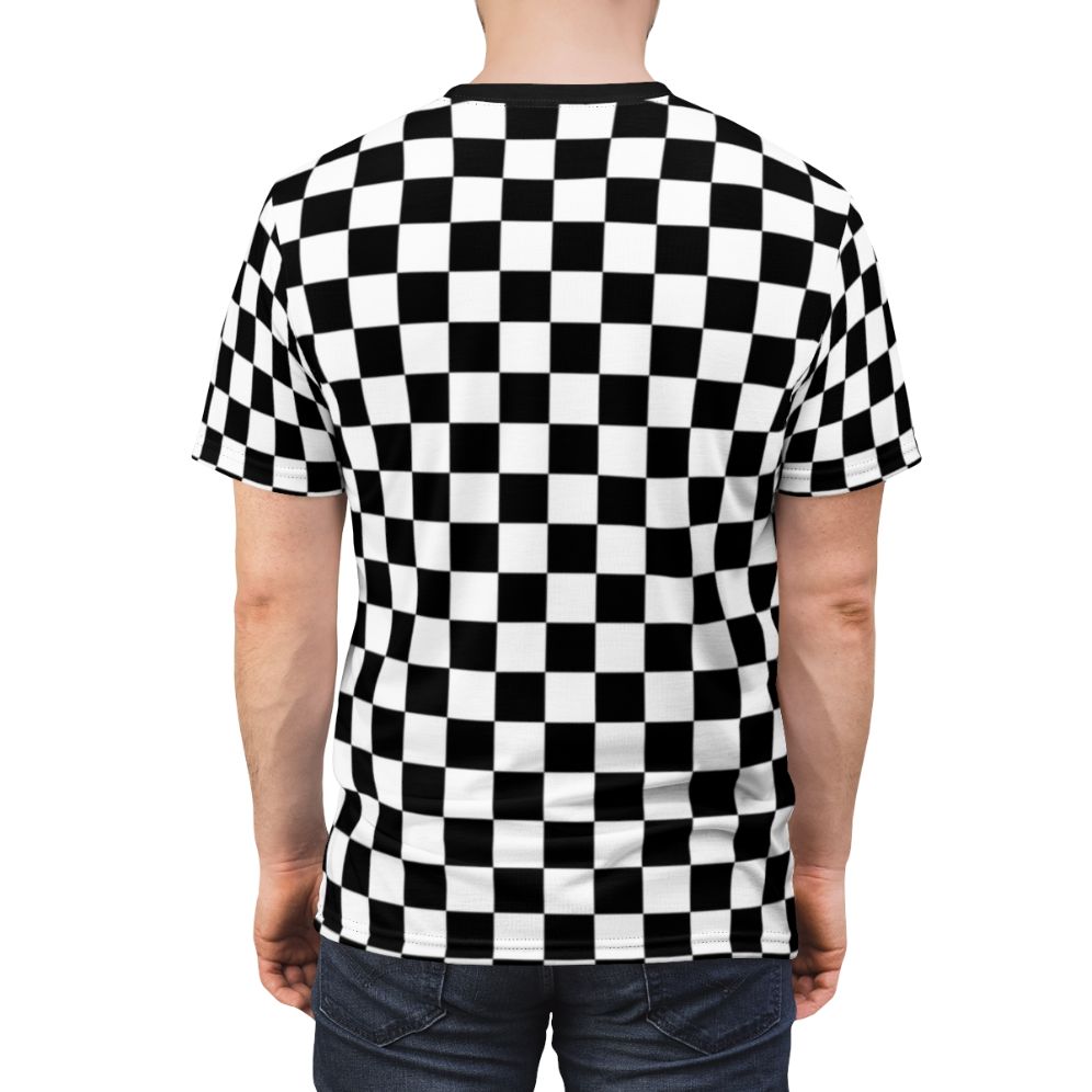 Black and white checkerboard pattern on a modern, minimalist t-shirt - men back