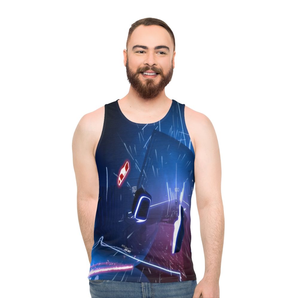 Unisex tank top featuring virtual reality, gaming, and futuristic space-themed design - men