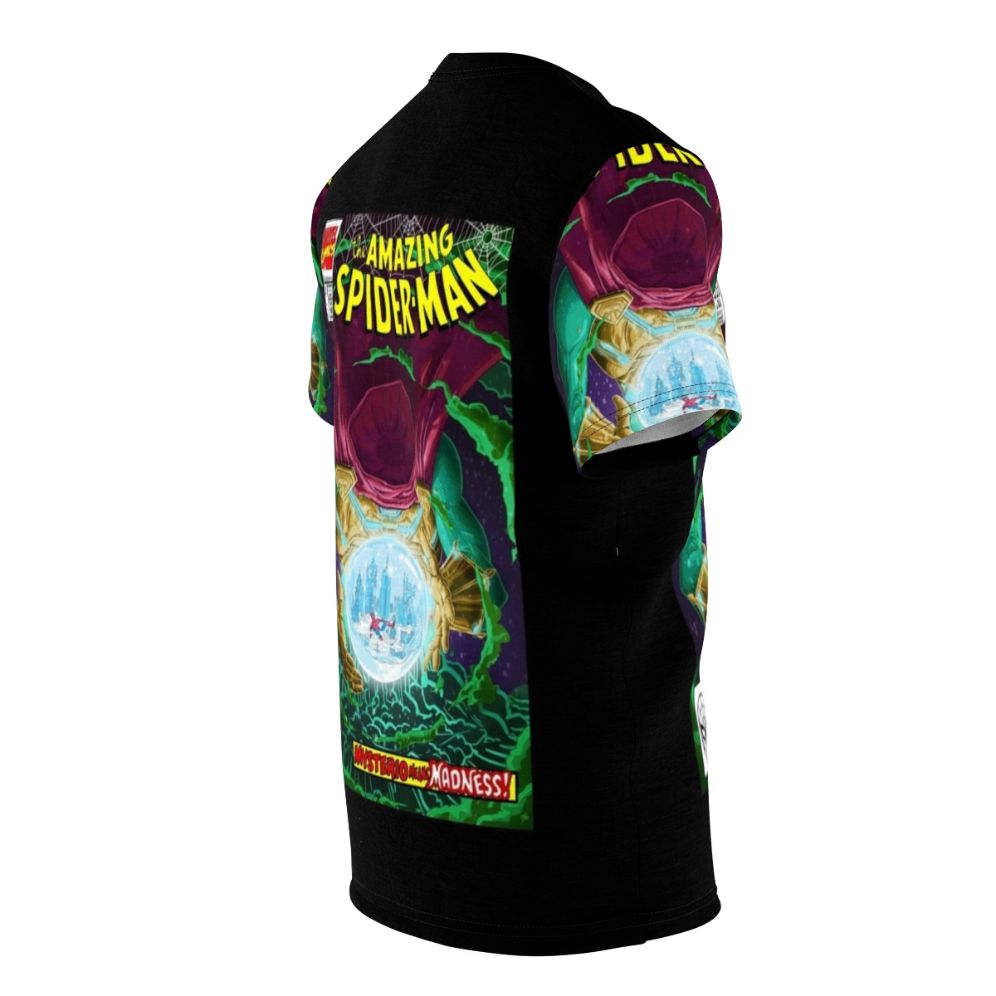 A stylized t-shirt design featuring Mysterio, a Spider-Man supervillain, in a comic-inspired art style. - men right