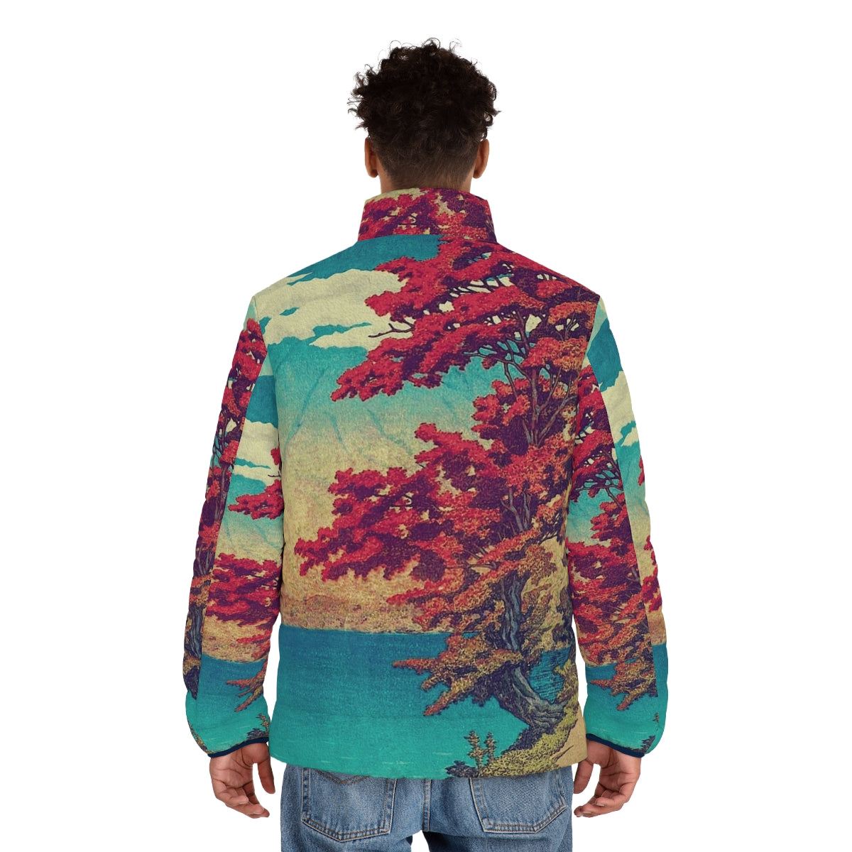 Ukiyo-e inspired puffer jacket featuring a nature landscape design - men back