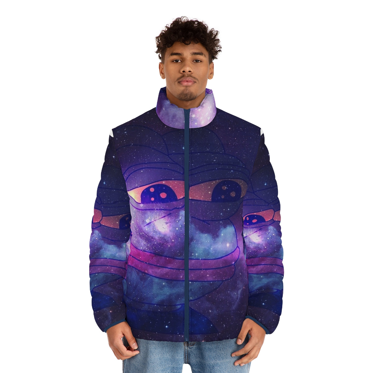 Galaxy Pepe Rare Puffer Jacket featuring the iconic Pepe the Frog meme - men front