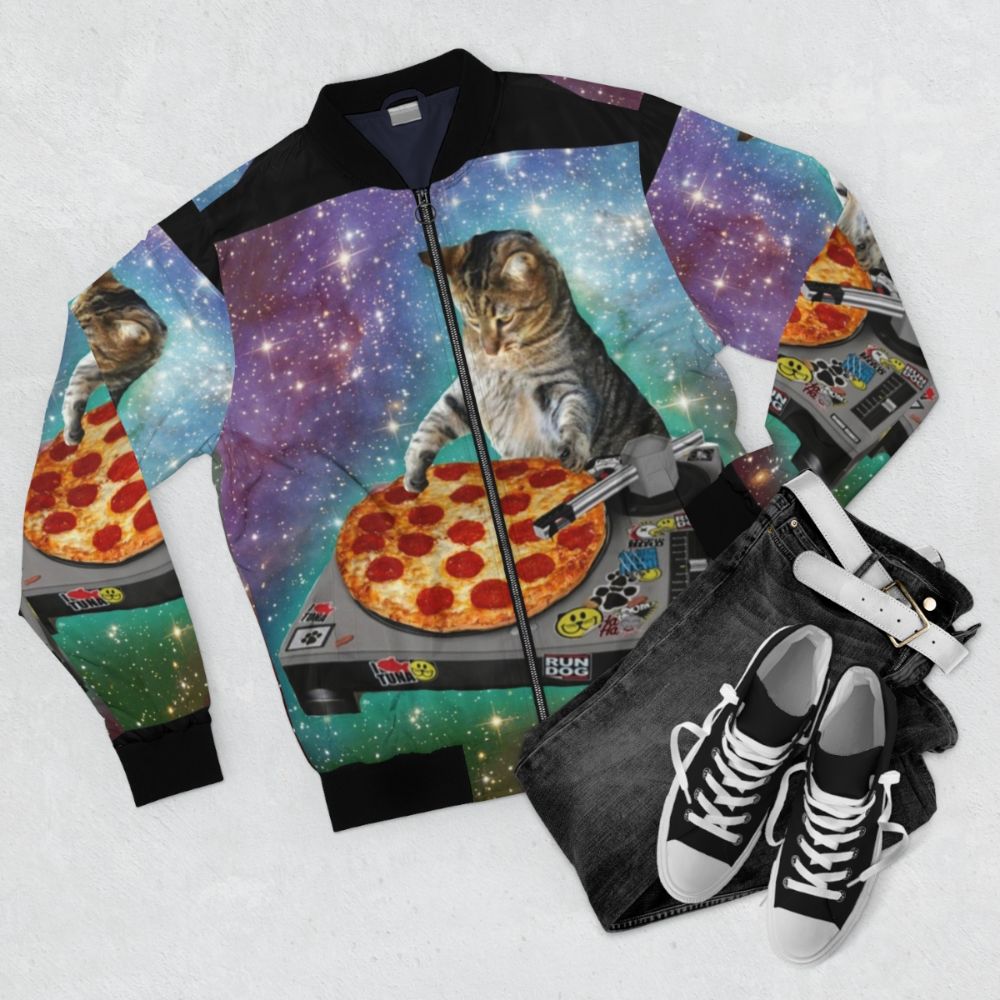 DJ Cat Pizza Bomber Jacket with a fun and vibrant design - Flat lay