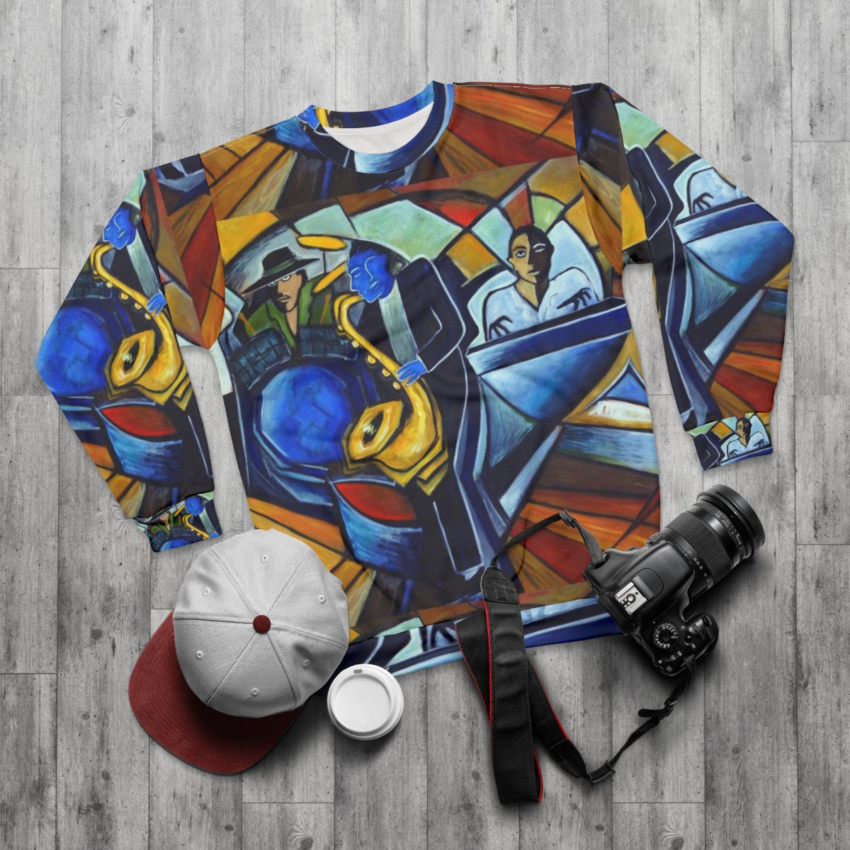 Jam Session Sweatshirt featuring jazz, blues, and music motifs - flat lay