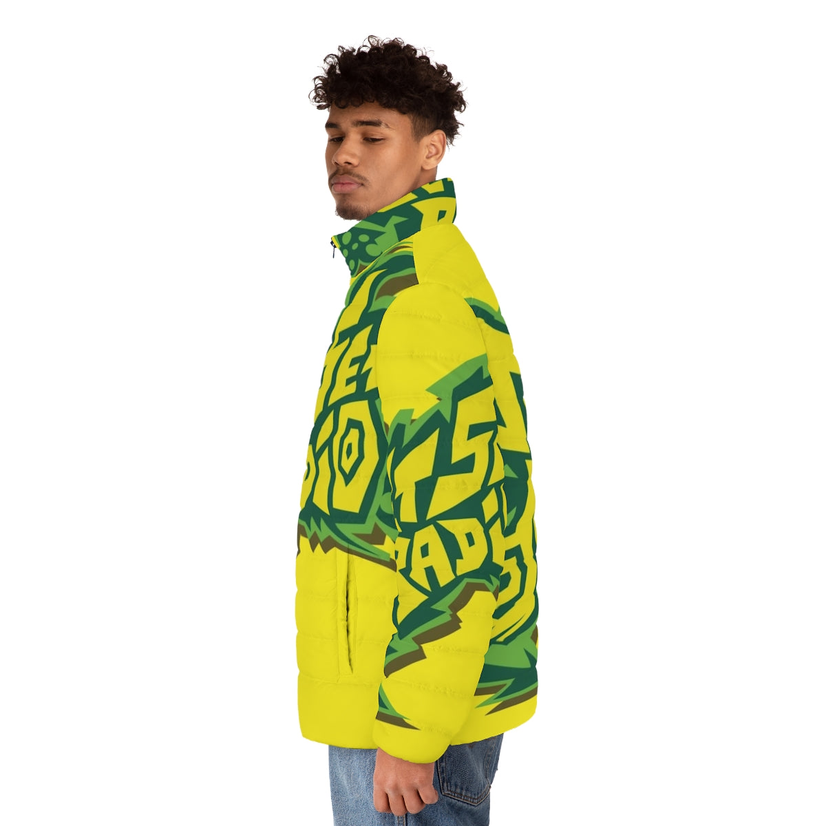 Jet Set Radio inspired puffer jacket with graffiti-style logo design - men side left