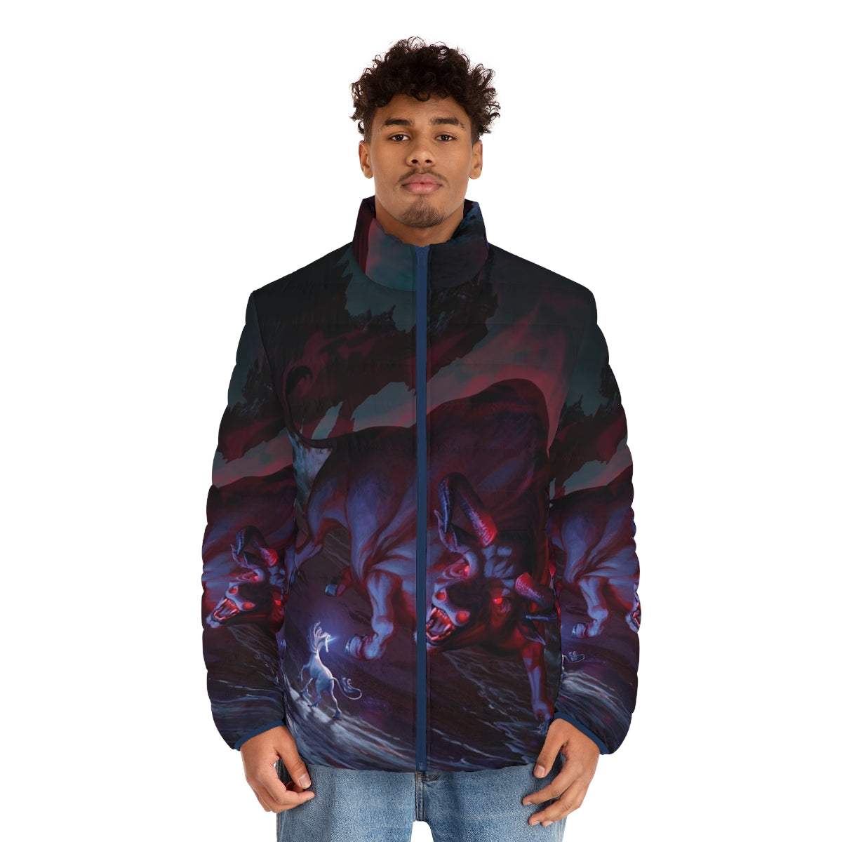 The Last Unicorn Fantasy Puffer Jacket with Mythical Unicorn Design - men front