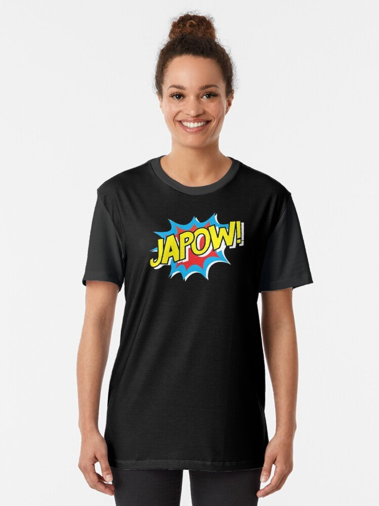 Japow graphic t-shirt featuring a powder snow and mountain design with Japanese elements - Women