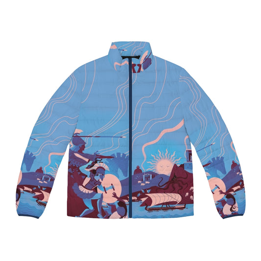 Homeric Landscape Ancient Greek Inspired Winter Puffer Jacket with literary references to The Iliad and The Odyssey