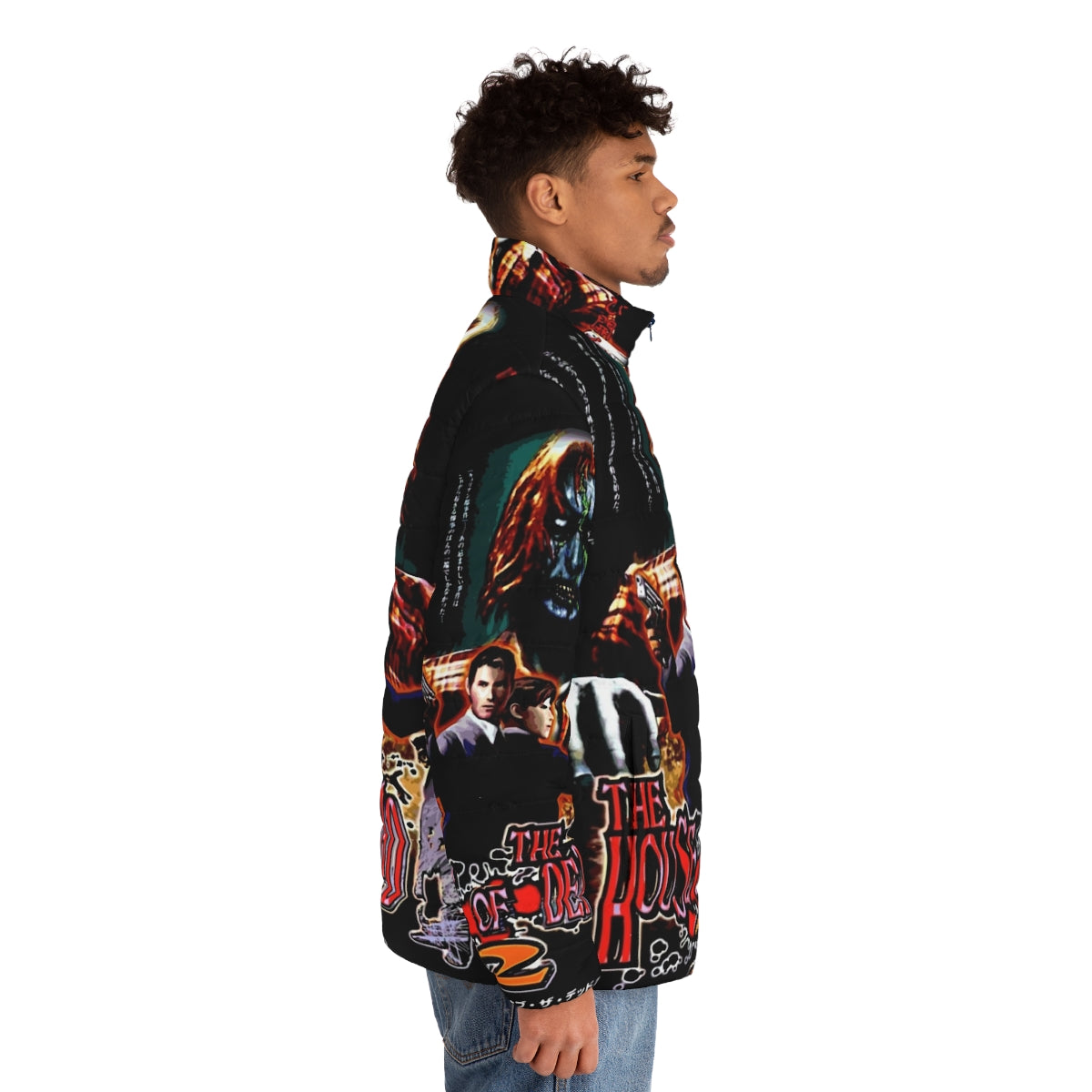 Japanese art-inspired puffer jacket featuring "The House of the Dead 2" Sega Dreamcast video game graphics - men side right