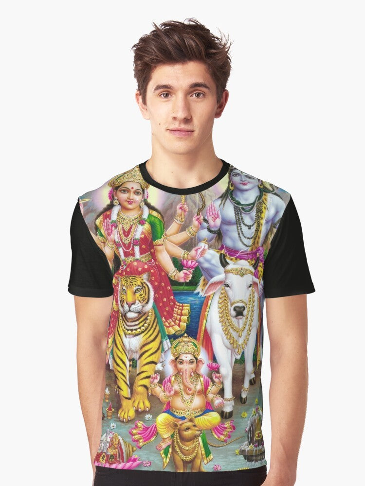 Hindu deities Shiva, Parvati, and Ganesha depicted in a colorful graphic design on a t-shirt - Men