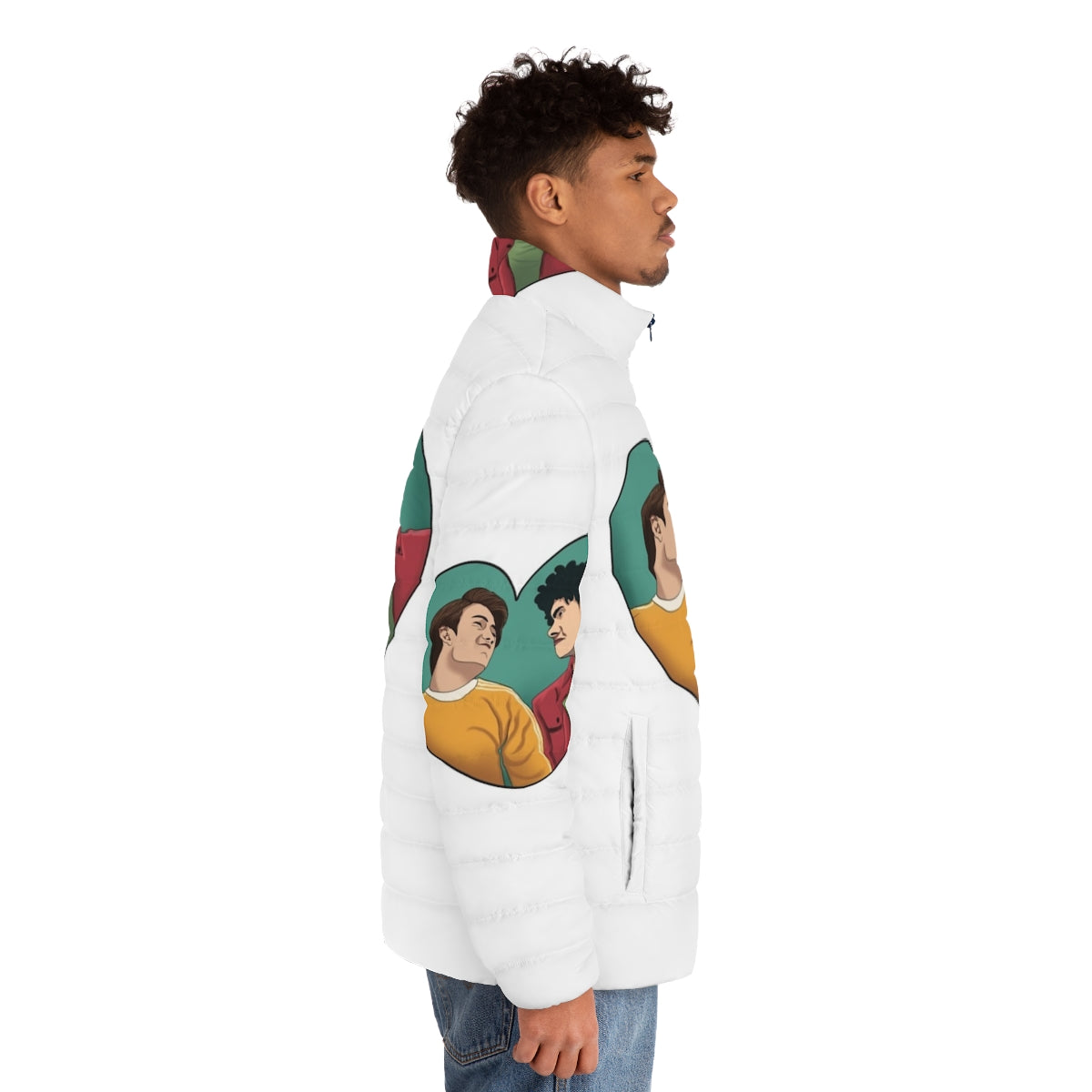 Heartstopper Nick and Charlie Friendship Puffer Jacket featuring characters from the popular Netflix series - men side right