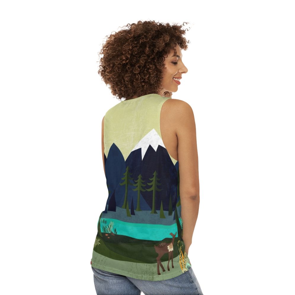 Unisex tank top with a nature-inspired forestscape design featuring deer and flowers - women back