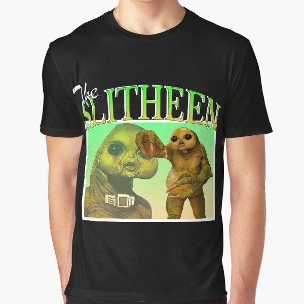 Slitheen graphic design on a black t-shirt, featuring a Doctor Who theme