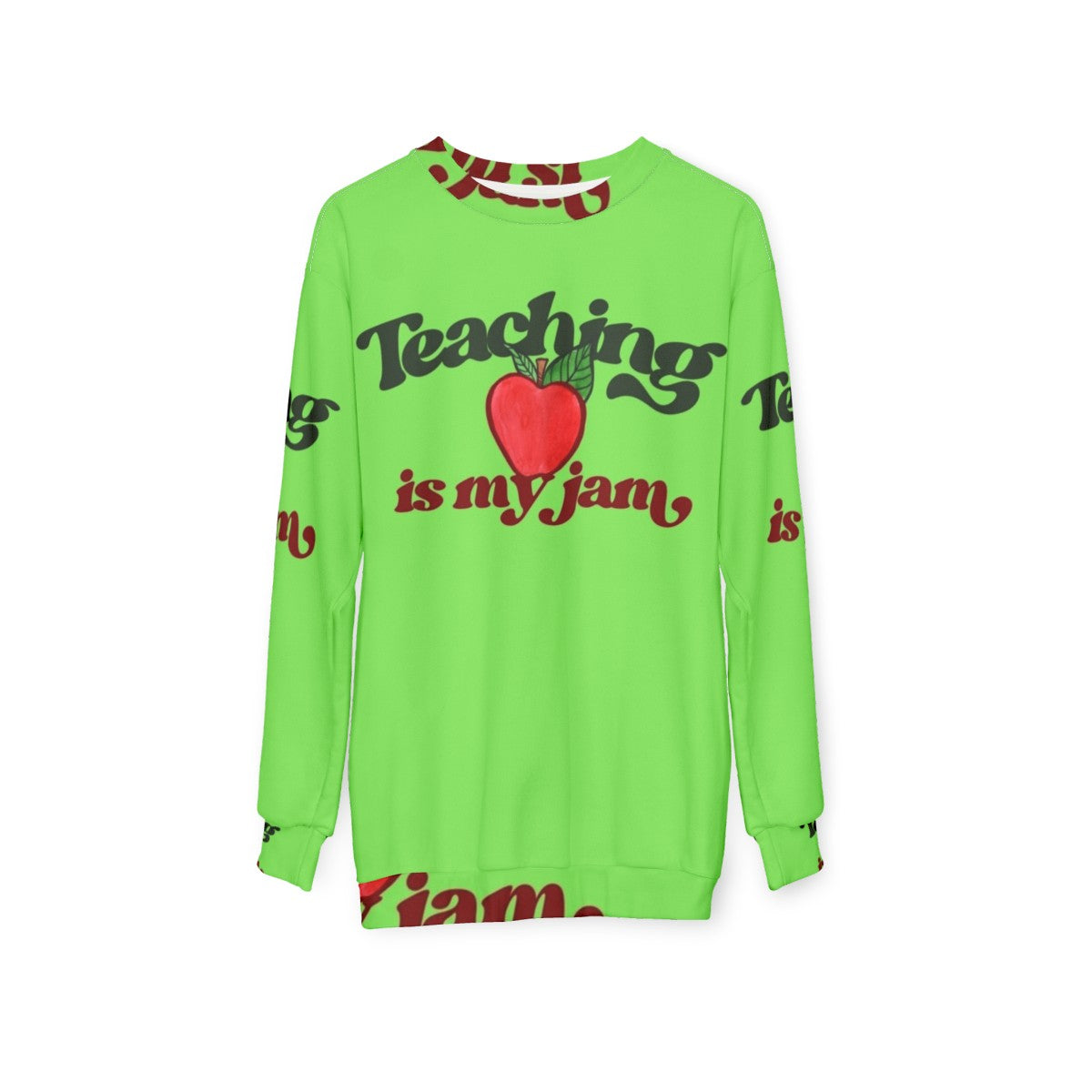 "Teaching Is My Jam" Sweatshirt with Red Apple Graphic - hanging