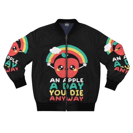 "An Apple a Day, You Die Anyway" Dark Humor Bomber Jacket with Funny Apple Design