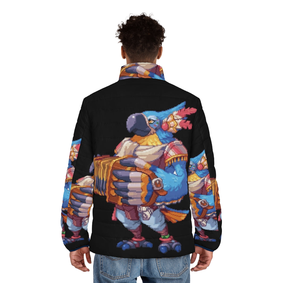 Pixel Kass puffer jacket featuring a blue bird design inspired by the popular video game character - men back