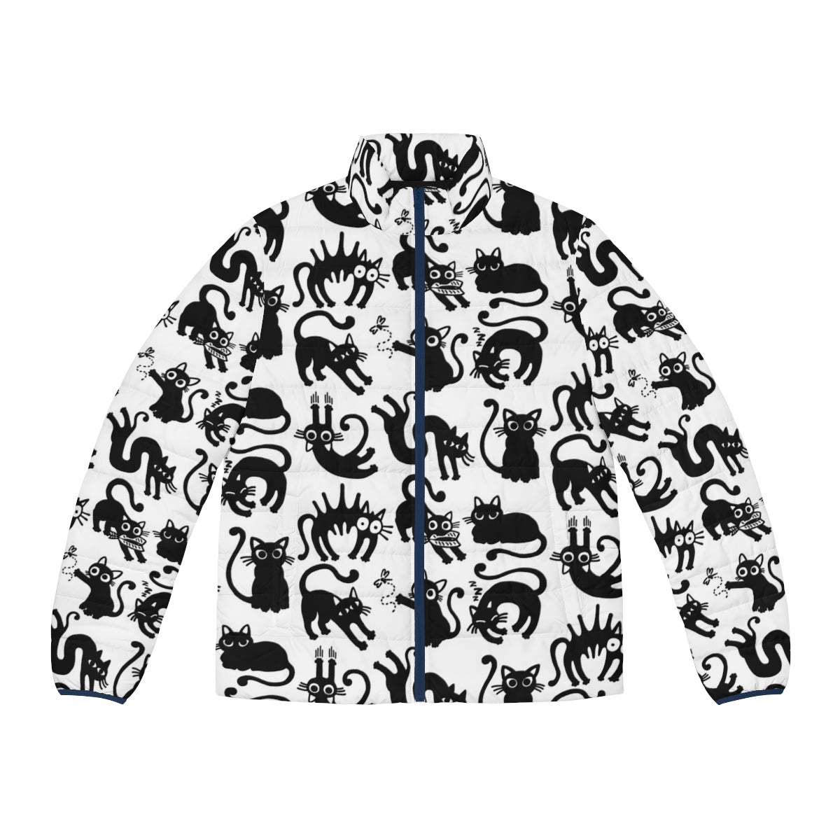 Cozy cat puffer jacket in a simple black and white lineart pattern