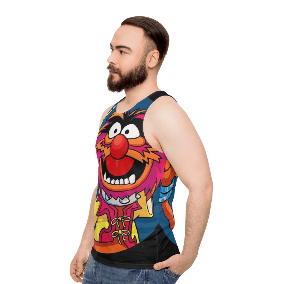 Electric Mayhem drummer playing drums on a unisex tank top - men side