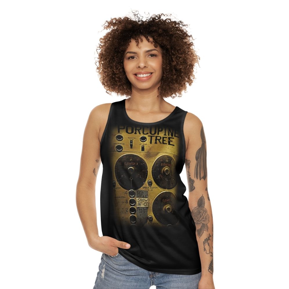 Retro unisex tank top with incidental machinery design - women