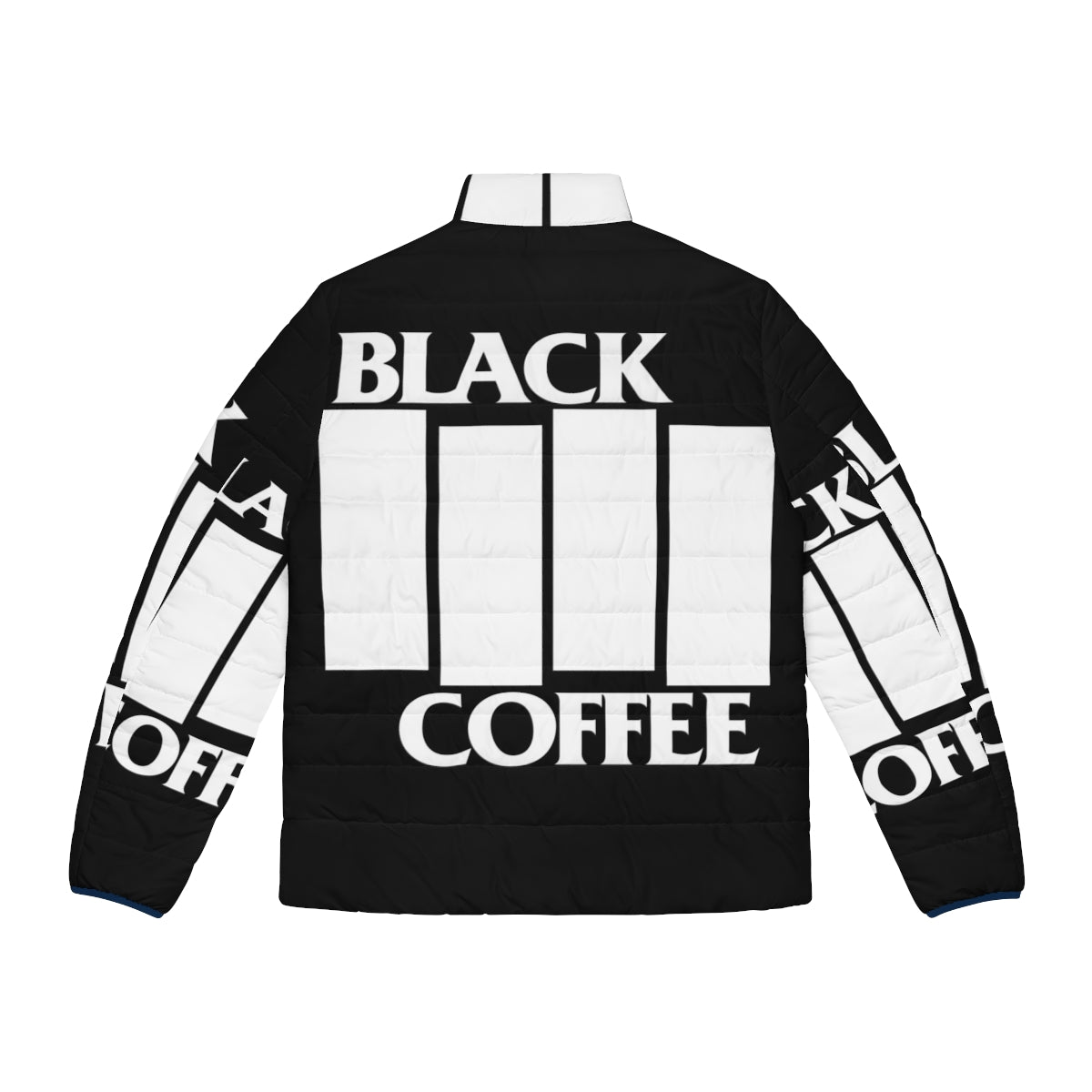 Black Coffee White Puffer Jacket with metal music inspired design - Back