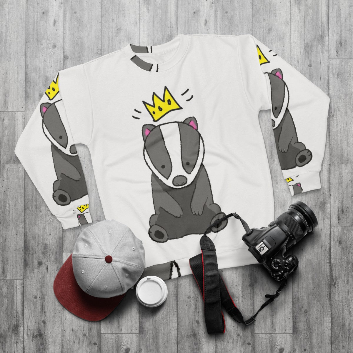 "King of the Badger" Chunt sweatshirt featuring the shapeshifting character from the Hello from the Magic Tavern podcast - flat lay