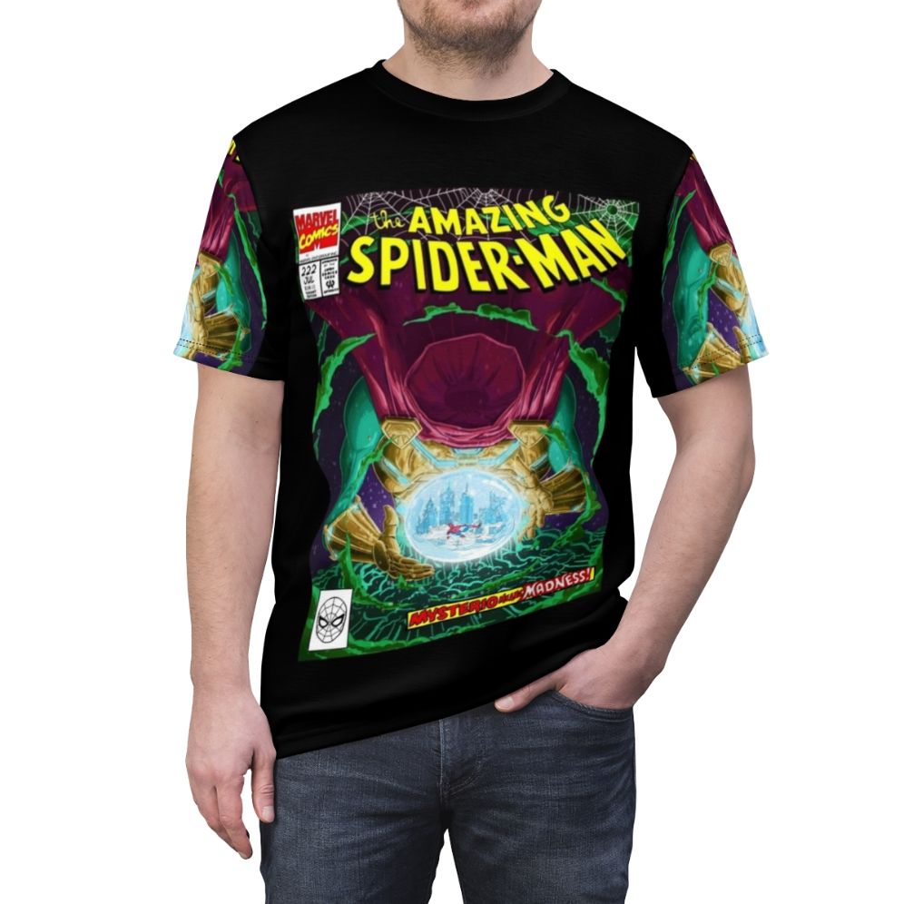 A stylized t-shirt design featuring Mysterio, a Spider-Man supervillain, in a comic-inspired art style. - men front