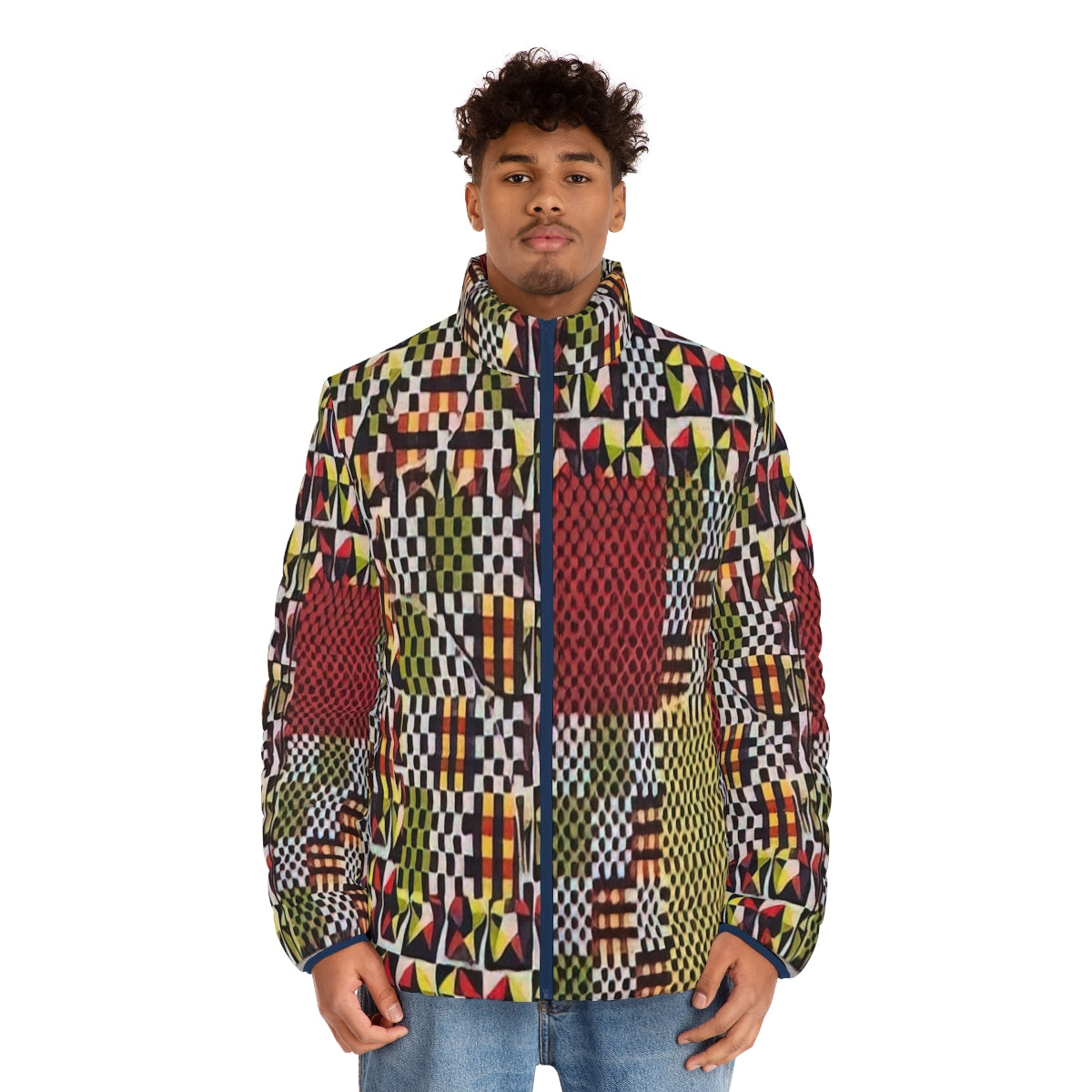 Puffer jacket featuring Alfred Jensen's colorful geometric artwork inspired by the Pythagorean Theorem - men front