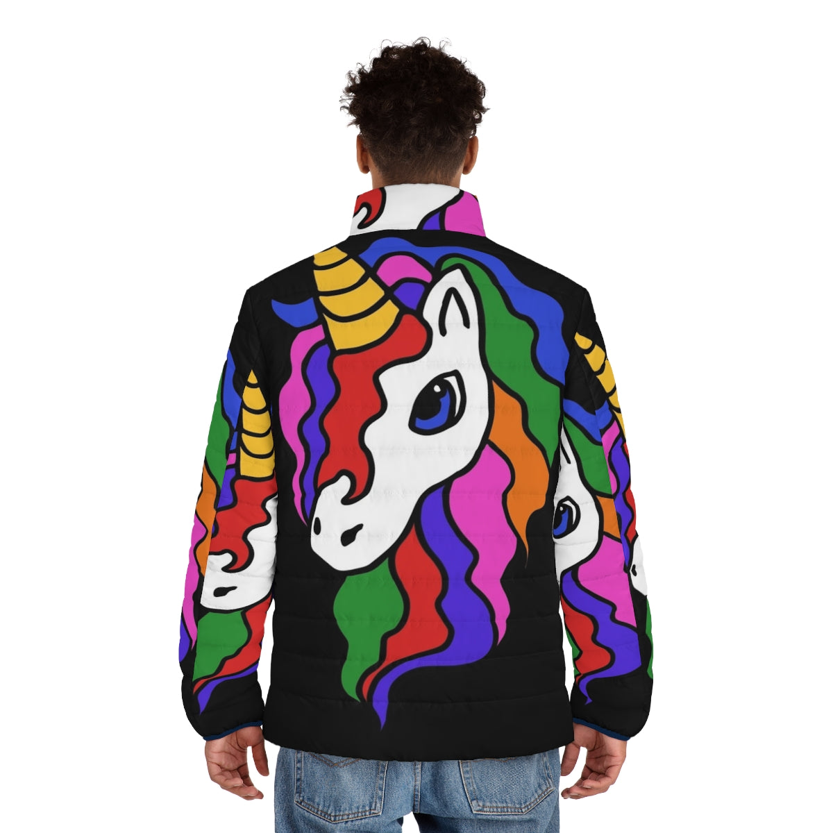 Woman wearing a colorful unicorn puffer jacket with a retro design - men back