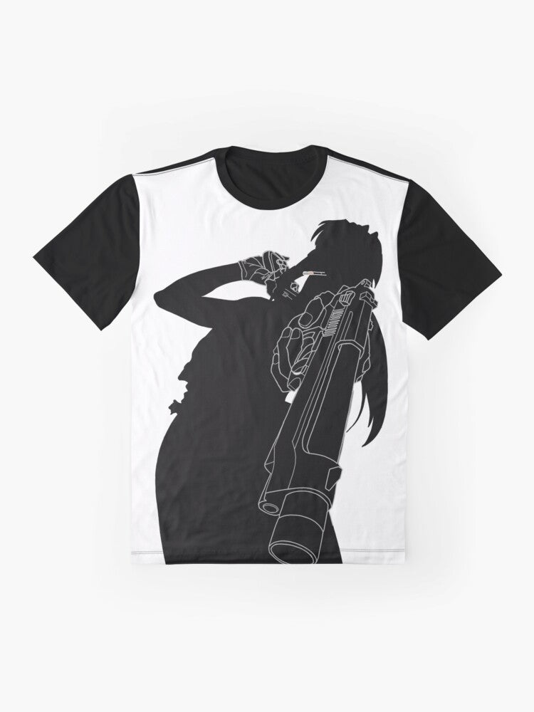 Revy, the female character from the anime Black Lagoon, holding a gun in silhouette against a black background - Flat lay