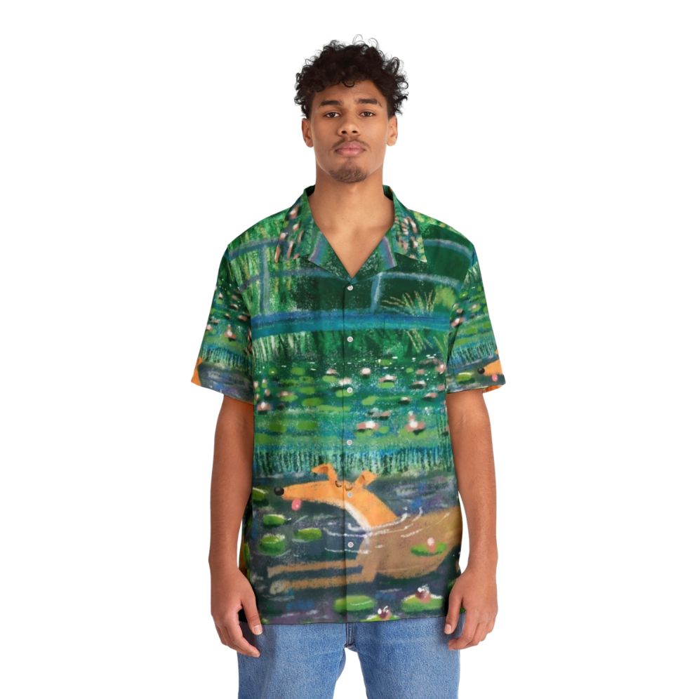 Greyhound Hawaiian Shirt with Impressionist Dog Cartoon Art - People Front