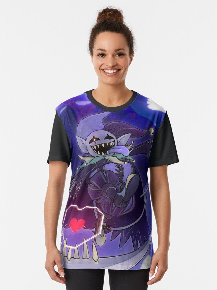 Deltarune Jevil Graphic T-Shirt featuring the chaotic jester from the video game Undertale - Women