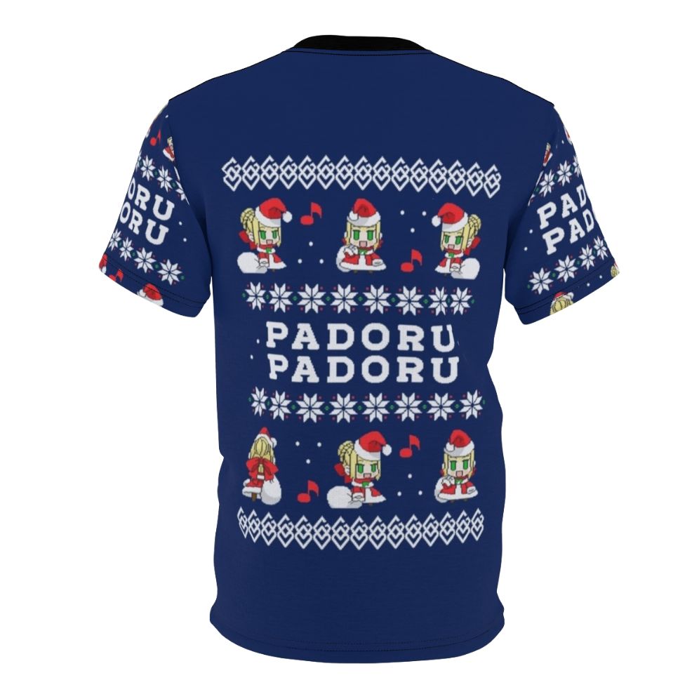 Padoru themed anime t-shirt featuring characters from the Fate series, including Saber, Nero, and Claudius, perfect for fans of Fate Grand Order and winter holiday celebrations. - Back