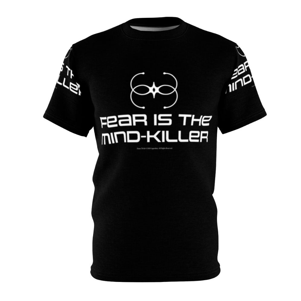 Dune-inspired "Fear Is The Mind Killer" t-shirt featuring Dune movie imagery and artwork