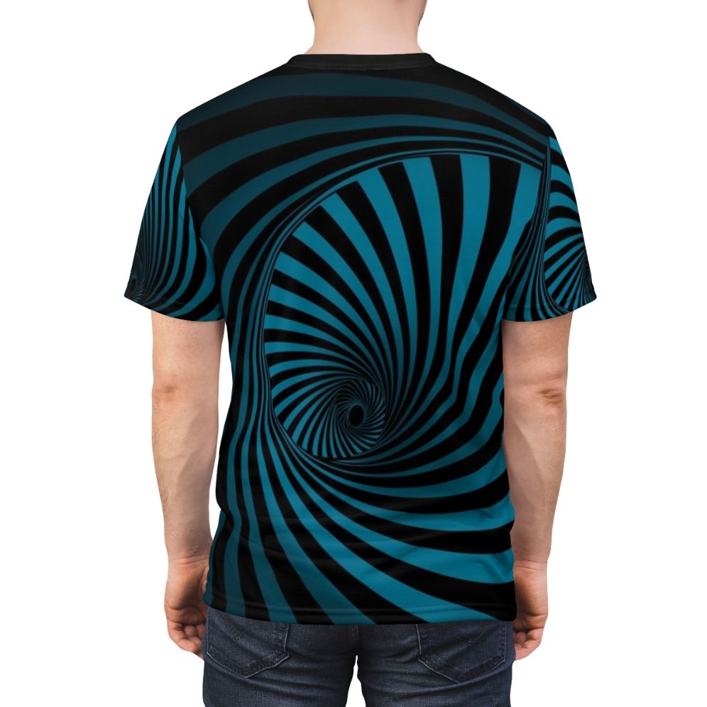 Swirling optical illusion t-shirt with a psychedelic abstract pattern design. - men back