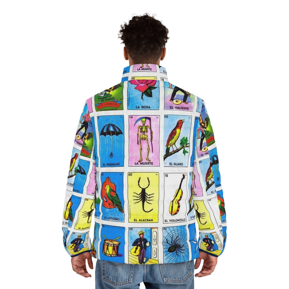 Colorful Mexican lottery bingo puffer jacket featuring various Mexican cultural symbols and animals - men back