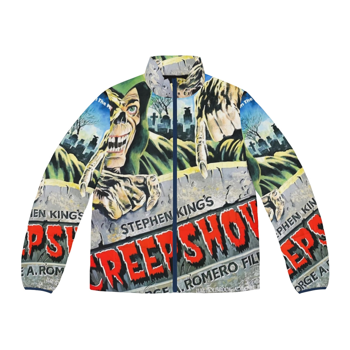 Creepshow horror movie puffer jacket featuring spooky graphics and inspired by Stephen King stories