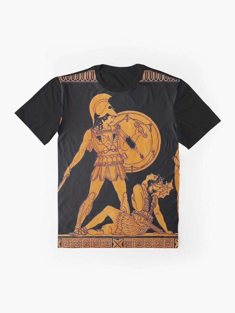 Vintage-style t-shirt design featuring ancient Greek gods and goddesses in a colorful frieze illustration - Flat lay