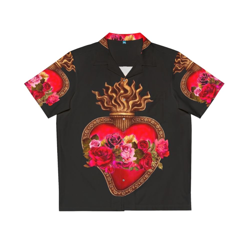 Red Hawaiian shirt with sacred heart and immaculate heart catholic religious art