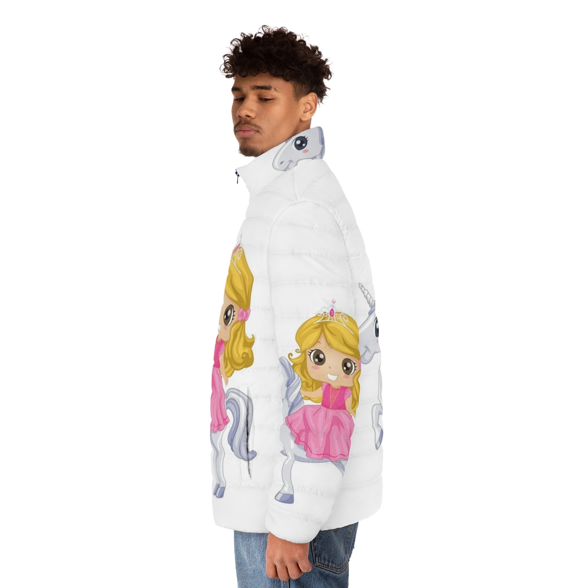 Legendary animals puffer jacket featuring a mystic dragon, unicorn, and lightning falcon - men side left