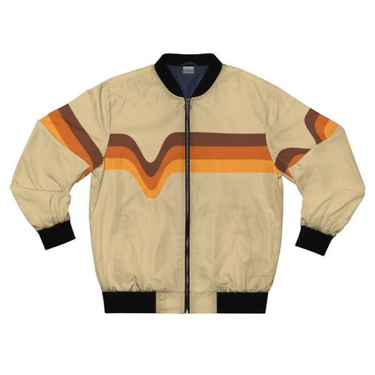 Vintage 70s bomber jacket in orange, yellow, and brown chevron stripes