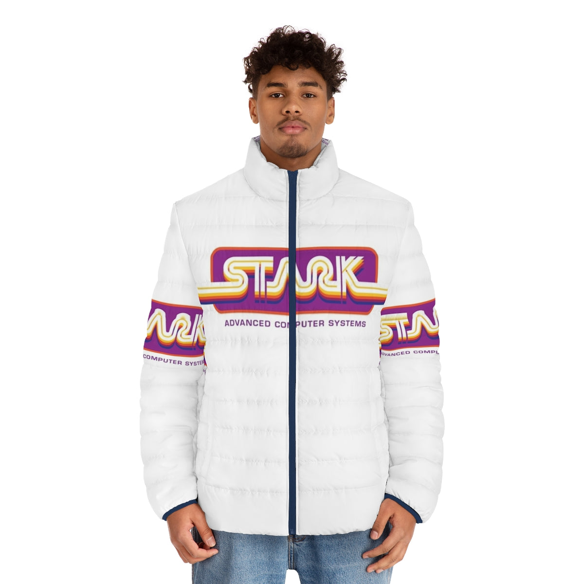 1980s Stark Technologies Computer Graphics Puffer Jacket with retro gaming graphics - men front