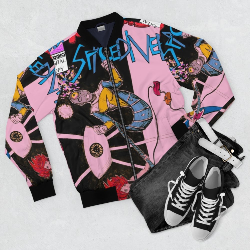 Punk girl power sci-fi space alien bomber jacket with red hair, pink, blue, and yellow colors - Flat lay