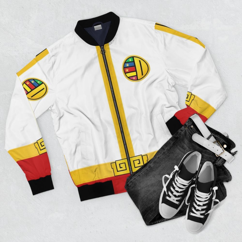 Red bomber jacket with power rangers design - Flat lay