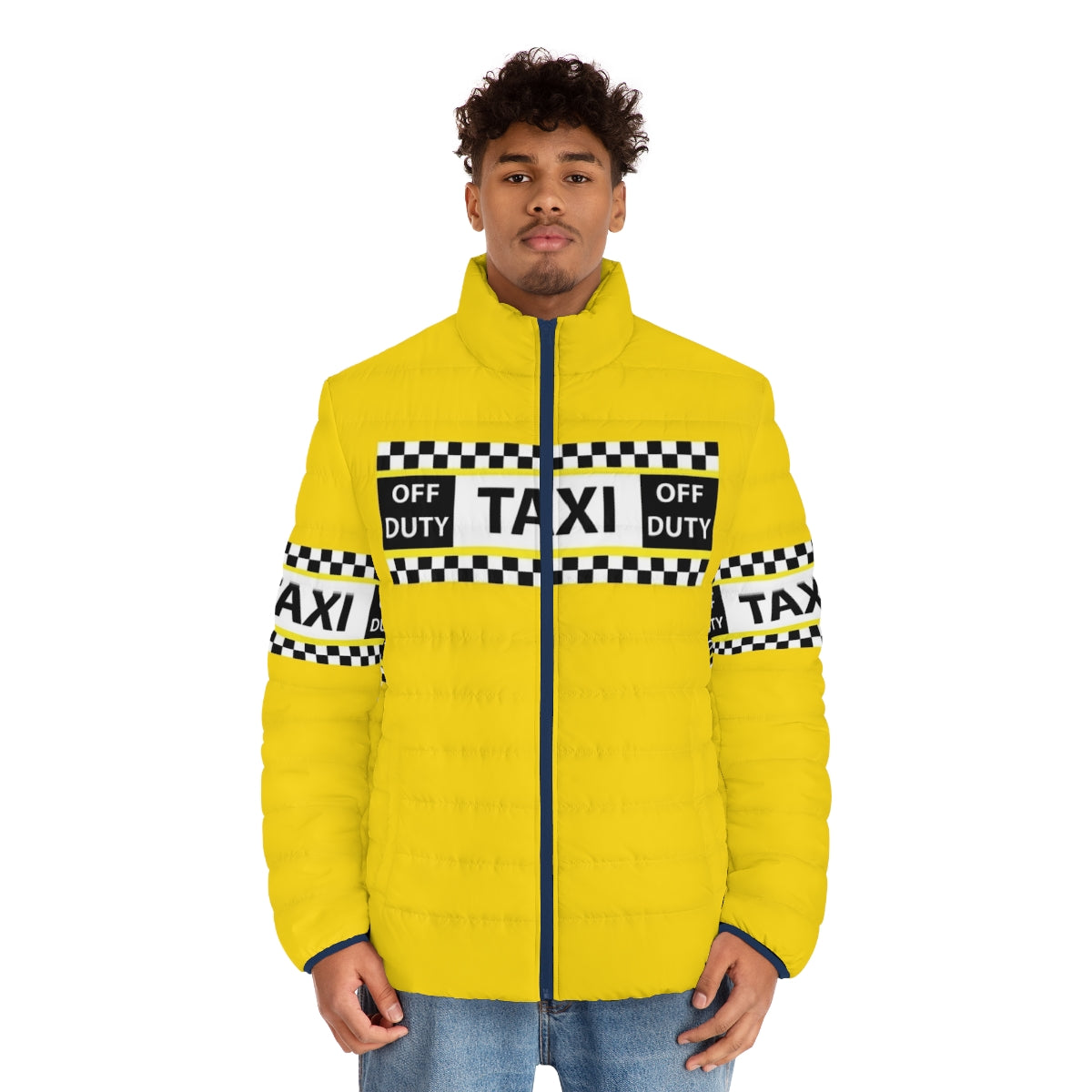 New York yellow taxi cab puffer jacket with checkered pattern - men front